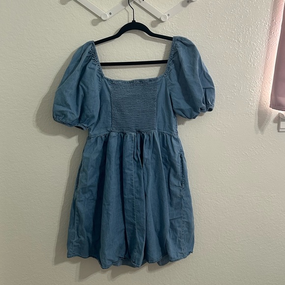 Gap Chambray Blue Puff Sleeve Smocked Mini Dress | Size S - Picture 3 of 8